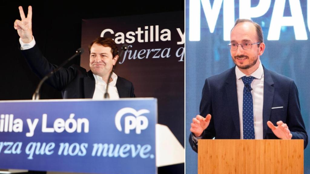 El presidente de la Junta y del PPCyL, Alfonso Fernández Mañueco, durante la celebración de los resultados electorales de las elecciones del 13 de febrero de 2022 y el director académico de la Institución Educativa Aleph, Pablo Martín, en un montaje de EL ESPAÑOL