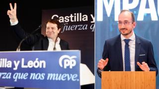 El presidente de la Junta y del PPCyL, Alfonso Fernández Mañueco, durante la celebración de los resultados electorales de las elecciones del 13 de febrero de 2022 y el director académico de la Institución Educativa Aleph, Pablo Martín, en un montaje de EL ESPAÑOL