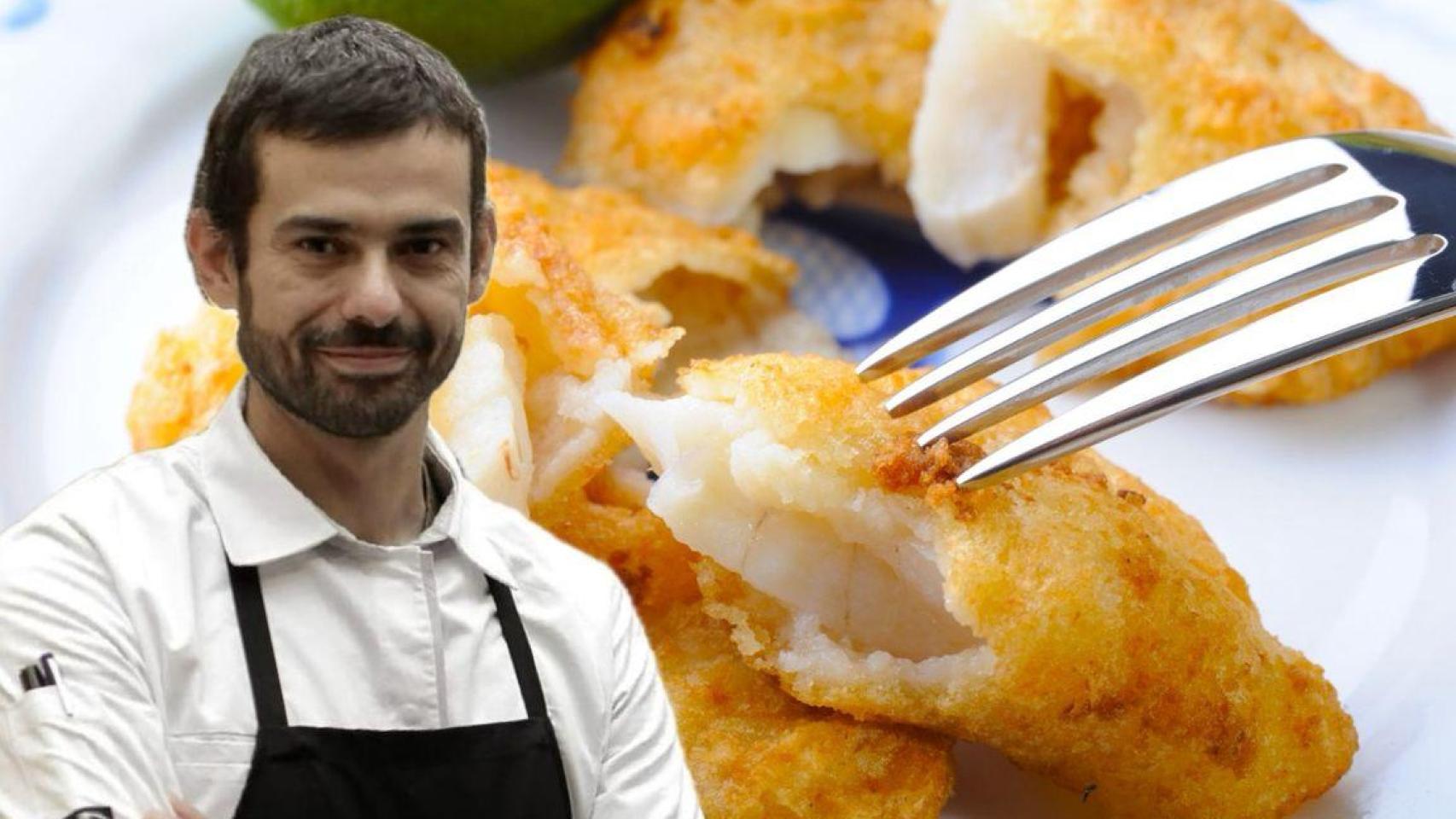 Enrique Sánchez junto a pescado frito.