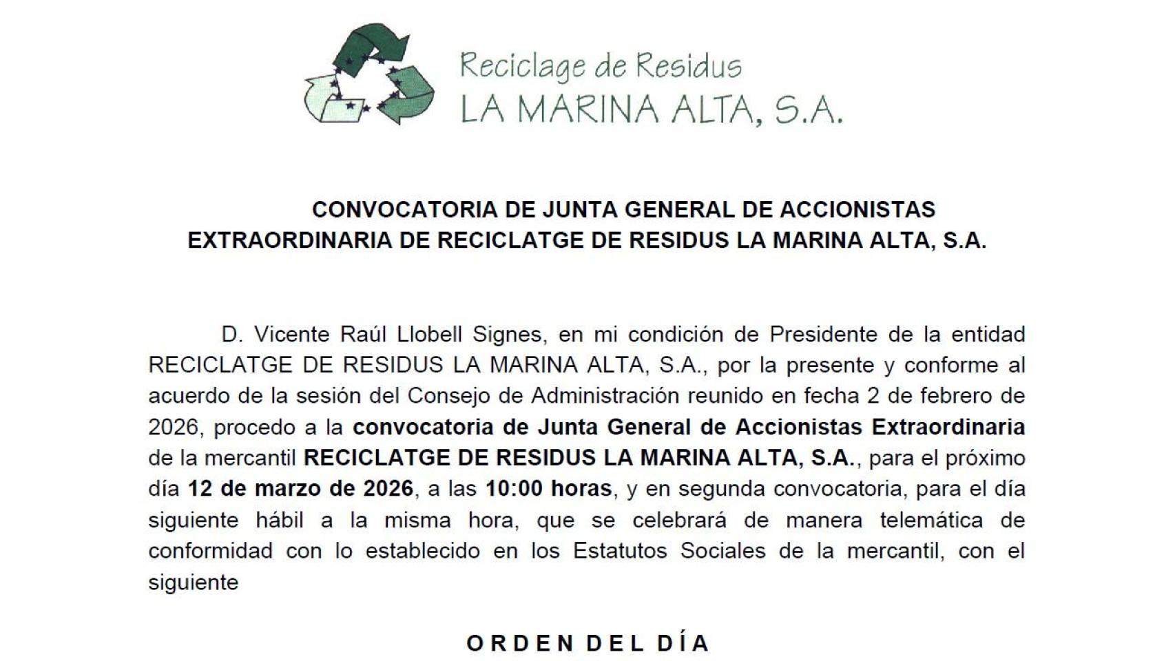 Reciclatge de Residus de La Marina Alta SA convoca  para el 12 de marzo una junta general de accionistas extraordinaria