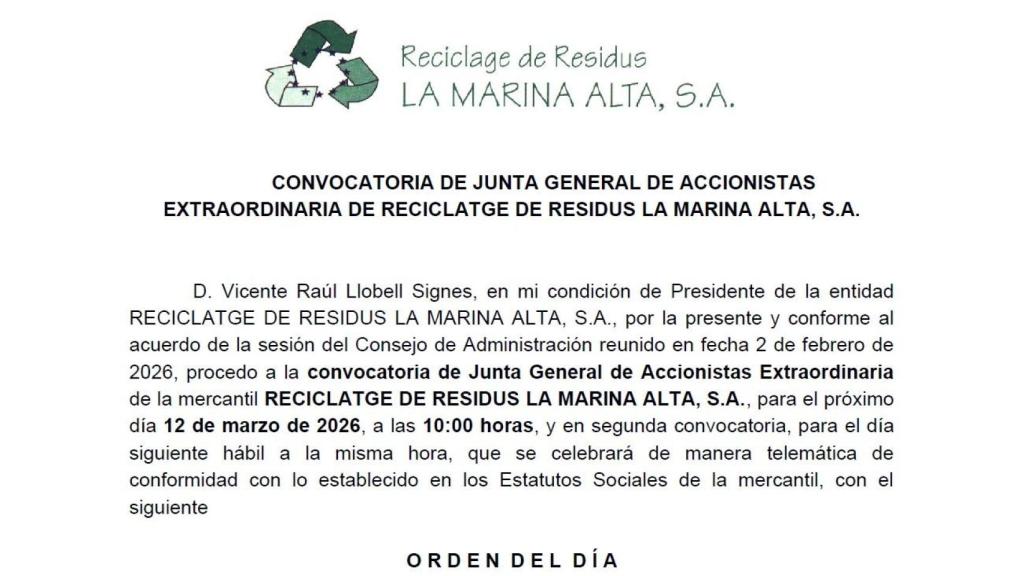 Reciclatge de Residus de La Marina Alta SA convoca  para el 12 de marzo una junta general de accionistas extraordinaria
