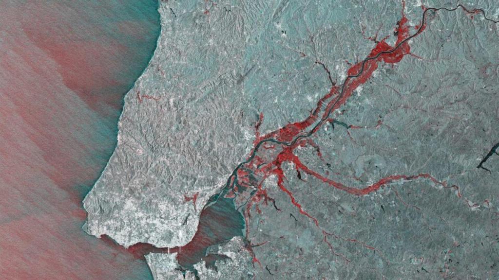 Imagen de las inundaciones alrededor del río Tajo, en Portugal y España, hecha por el Sentinel-1.