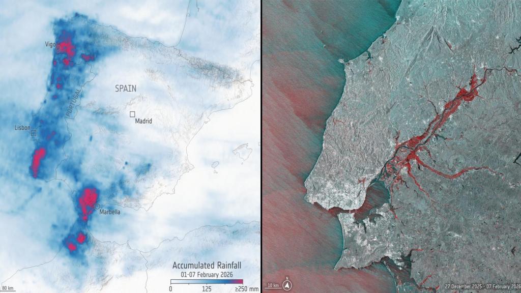Precipitaciones acumuladas sobre la Península Ibérica (izqda) e inundaciones alrededor del río Tajo, en Portugal y España (dcha).