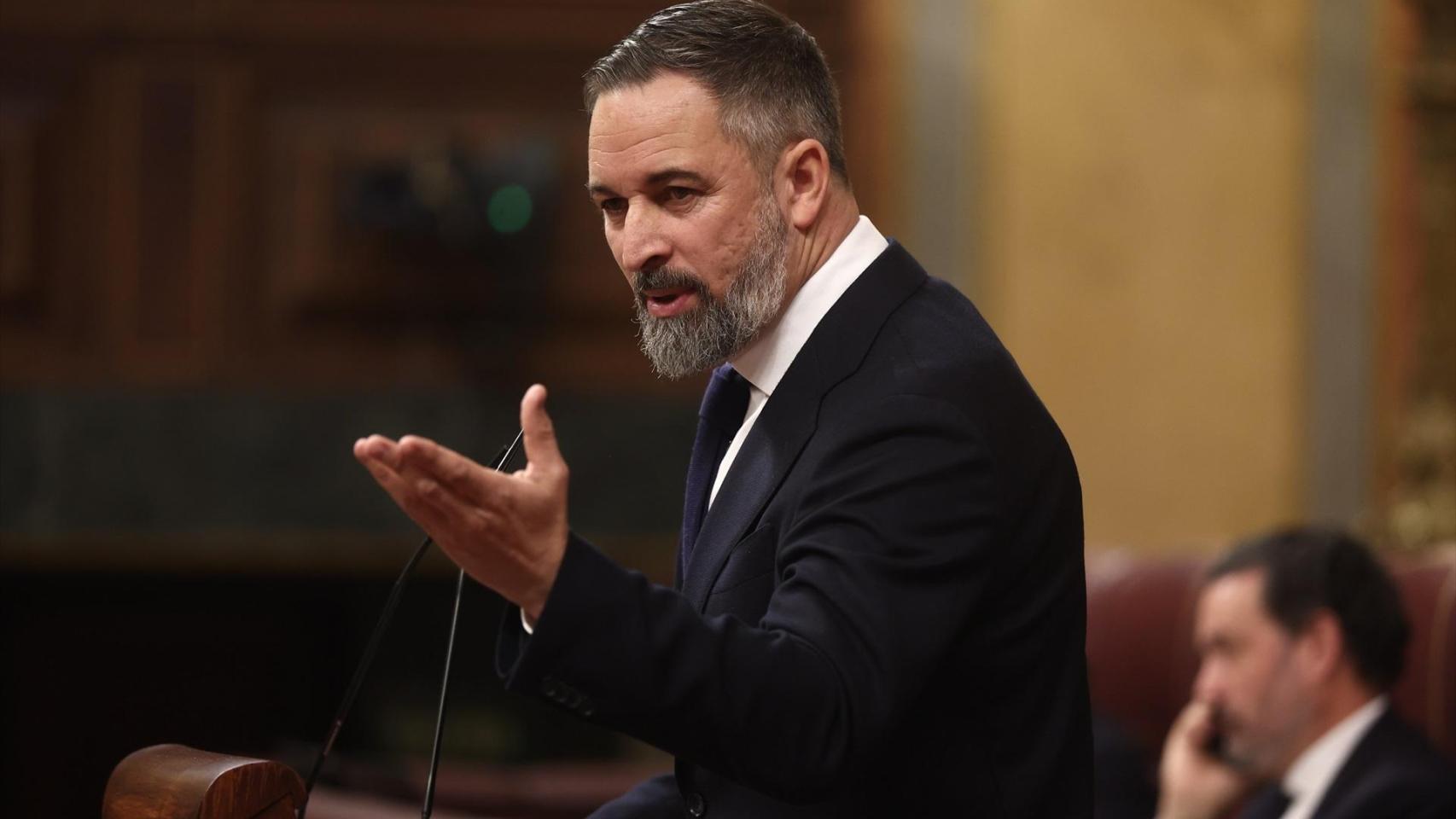 El presidente de Vox, Santiago Abascal, en la tribuna de oradores del Congreso.