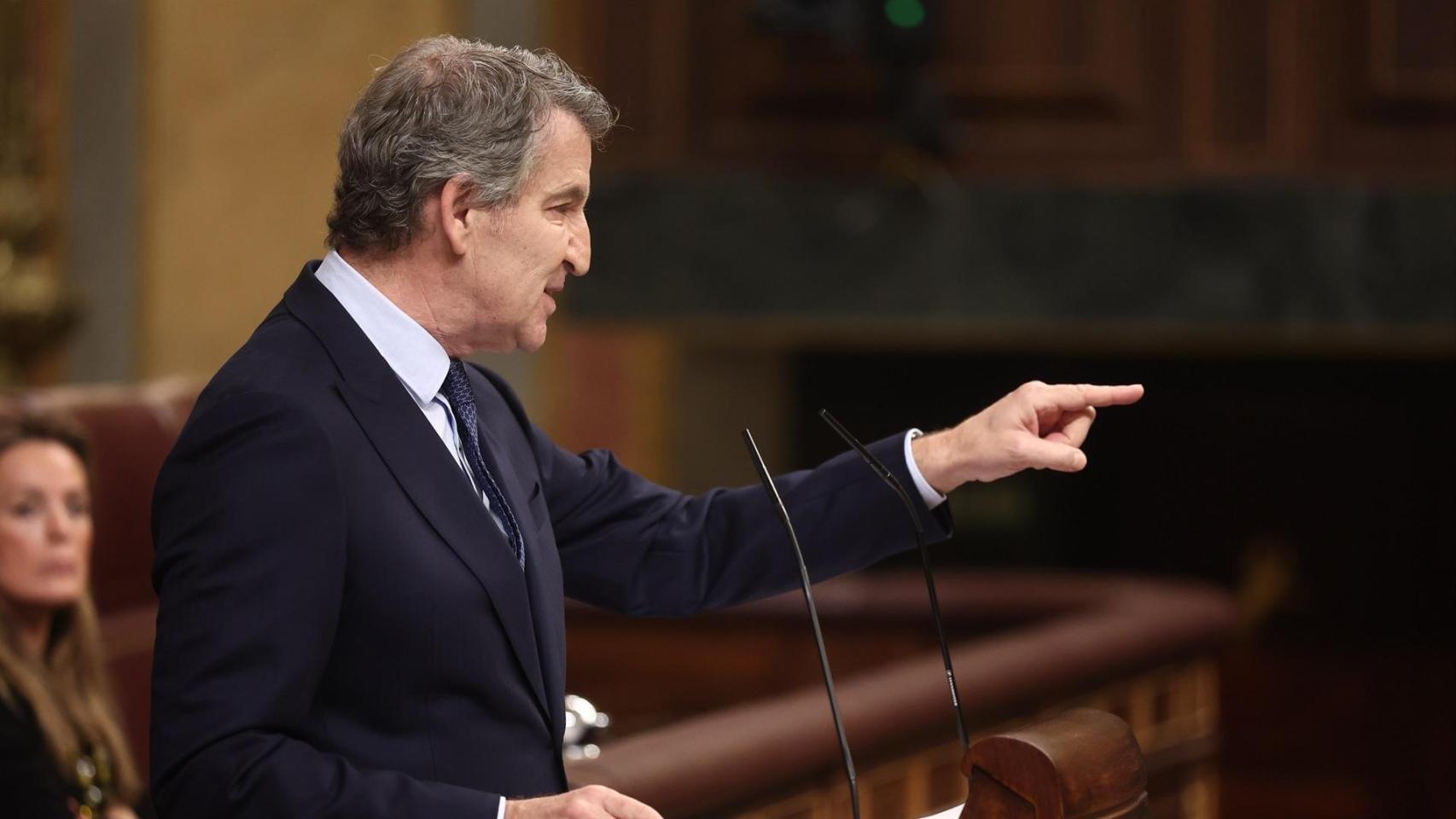 El presidente del Partido Popular, Alberto Núñez Feijóo, durante su comparecencia en el Congreso de los Diputados.