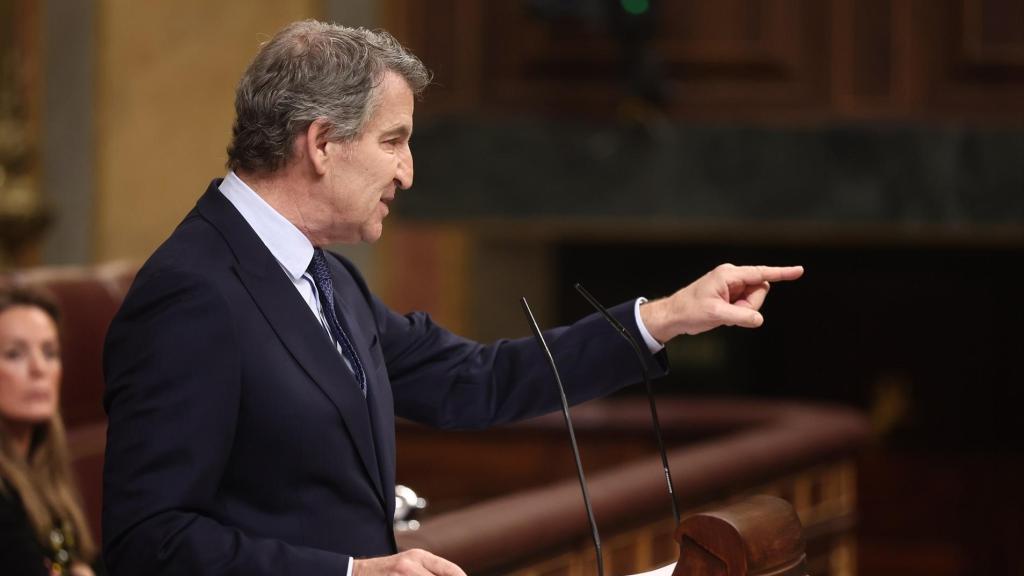 El presidente del Partido Popular, Alberto Núñez Feijóo, durante su comparecencia en el Congreso de los Diputados.