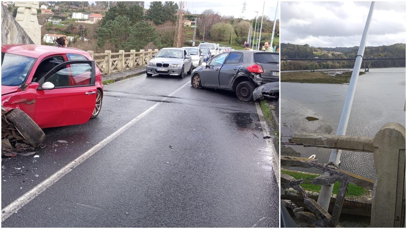 Un accidente en el puente de O Pedrido, en Bergondo (A Coruña), daña la barandilla y causa retenciones