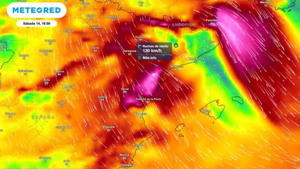 Mapa de las rachas de viento que se prevén para el fin de semana.
