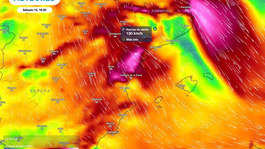 Rachas máximas de viento este sábado.