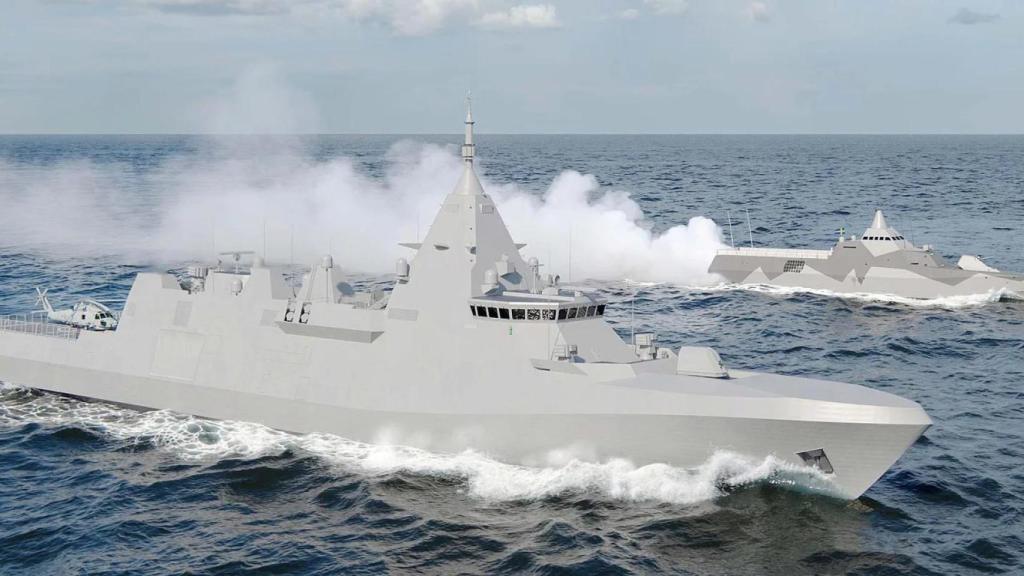 Ilustración de una fragata Arrowhead 120 junto a una corbeta clase Visby de Suecia