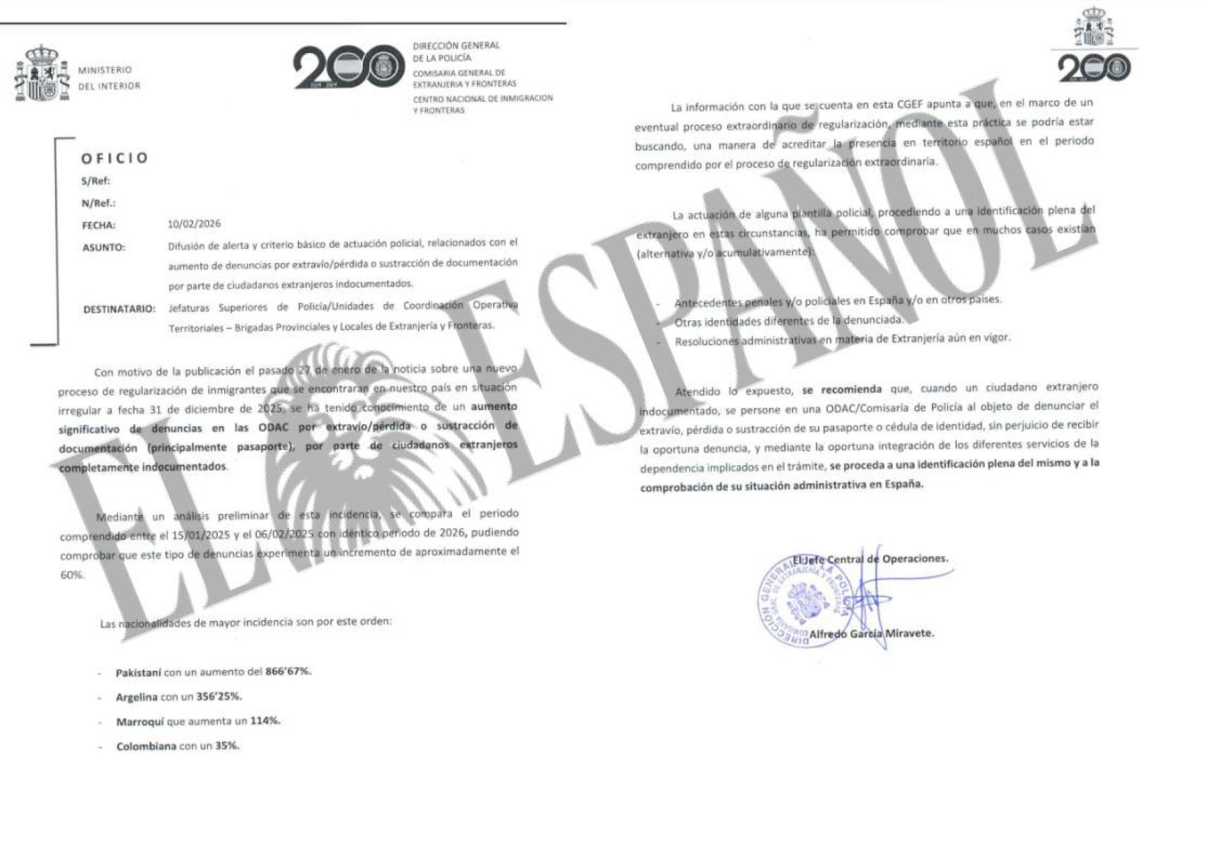 El oficio emitido este martes 10 de febrero.