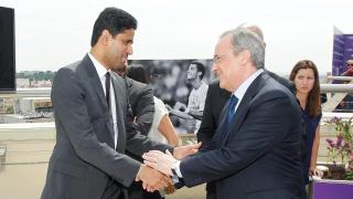 Nasser Al Khelaifi y Florentino Pérez,  en la presentación del canal Bein Sports en 2019.