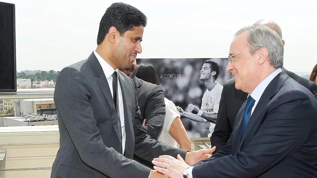 Nasser Al Khelaifi y Florentino Pérez,  en la presentación del canal Bein Sports en 2019.