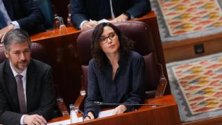 Isabel Díaz Ayuso, presidenta de la Comunidad de Madrid, durante la sesión de control de este jueves.