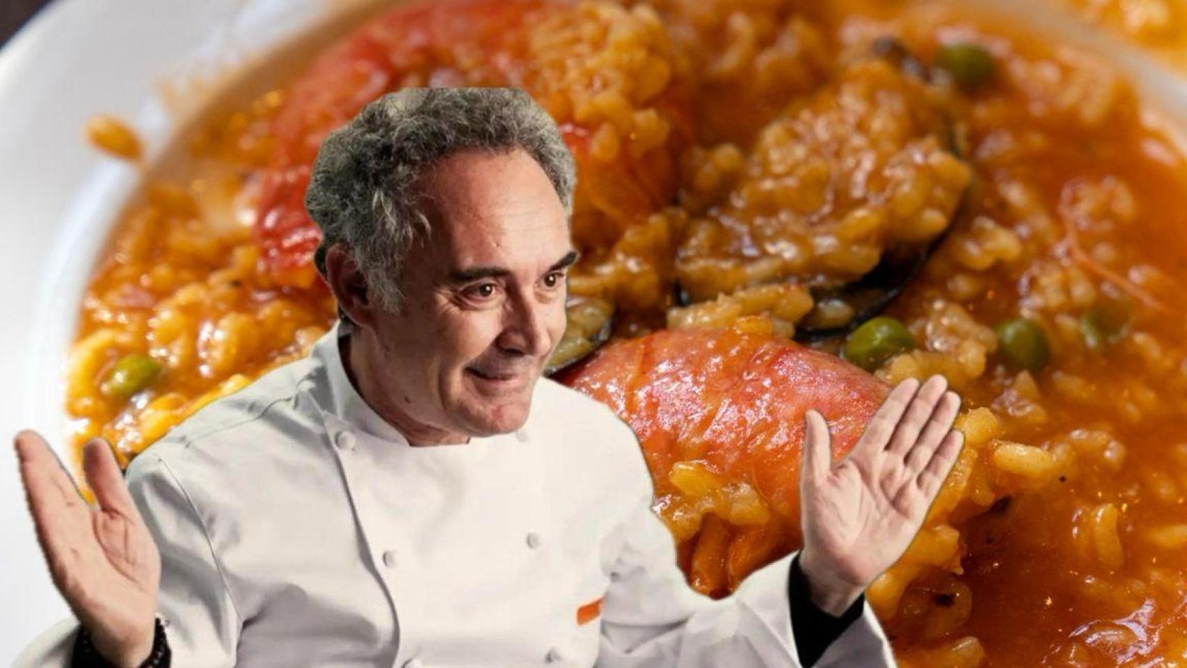 Ferran Adrià junto a un plato de arroz caldoso.