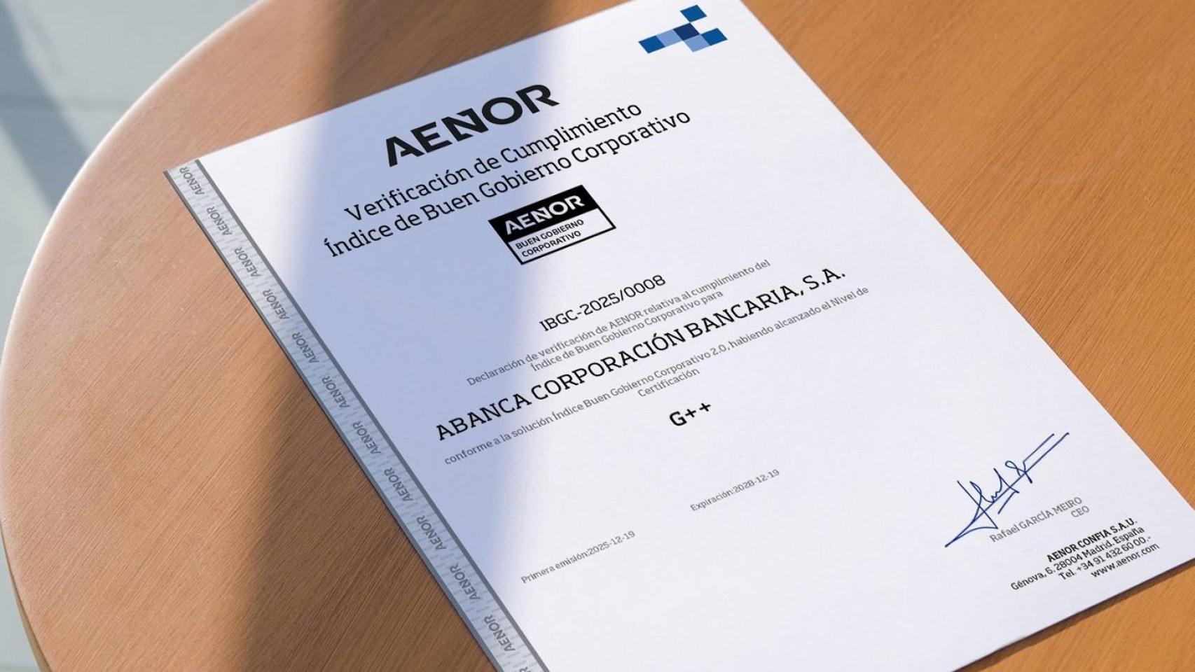 Abanca obtiene la máxima calificación en Buen Gobierno Corporativo de AENOR