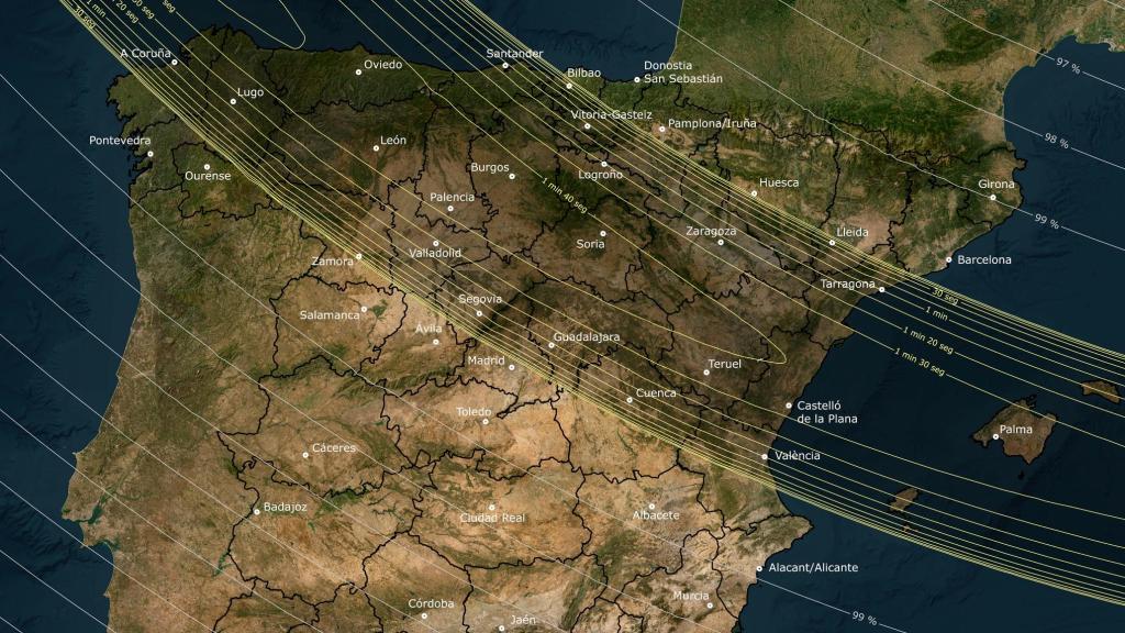 Trayectoria que seguirá el eclipse total del próximo 12 de agosto: Foto: Instituto Geográfico Nacional