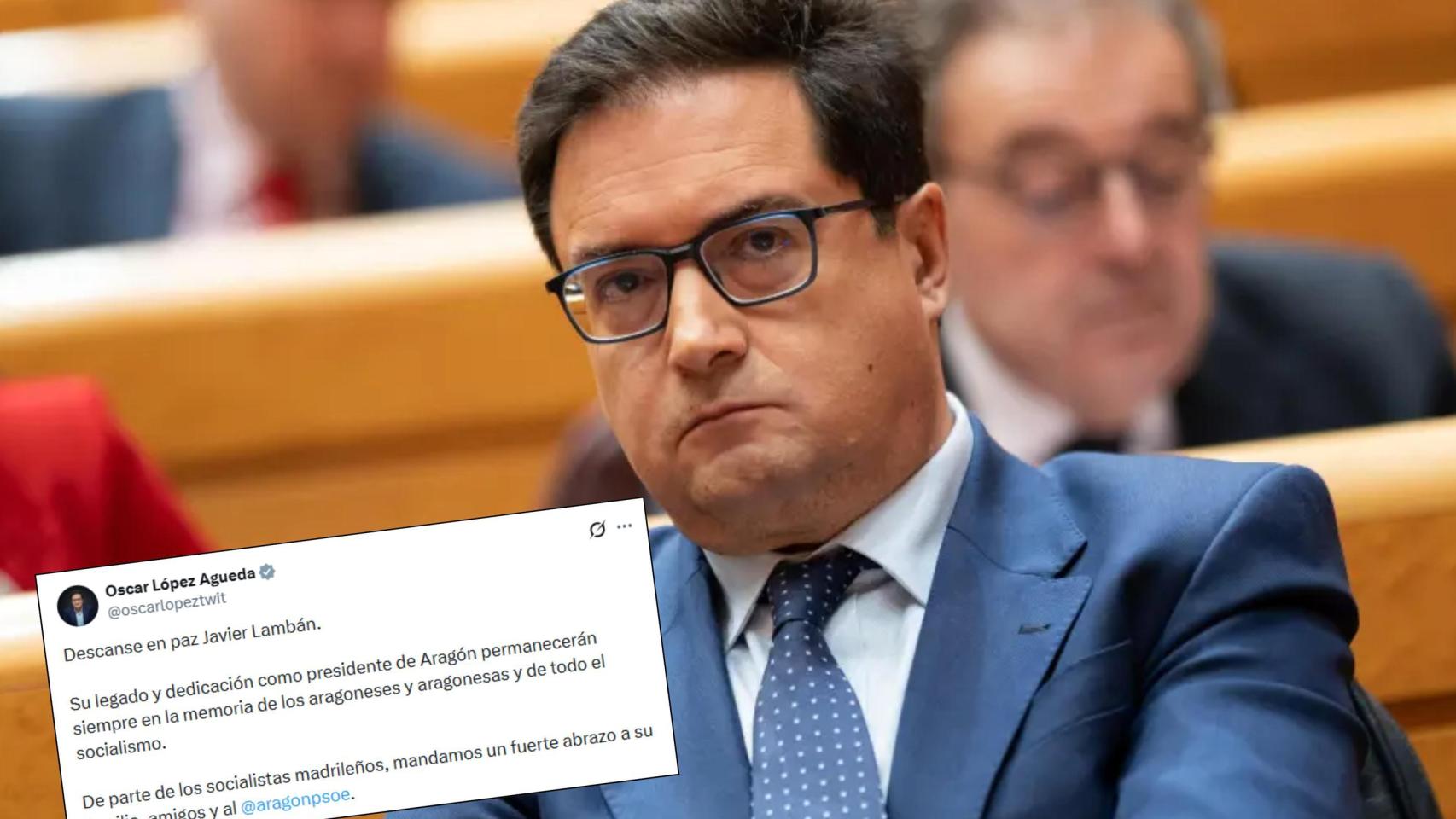 Óscar López, con el mensaje que dedicó a Javier Lambán el día de su muerte.