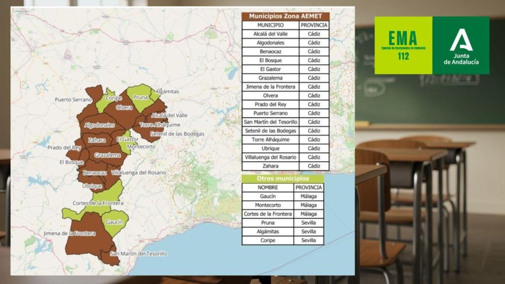 Mapa con los municipios andaluces afectados por la suspensión de las clases.