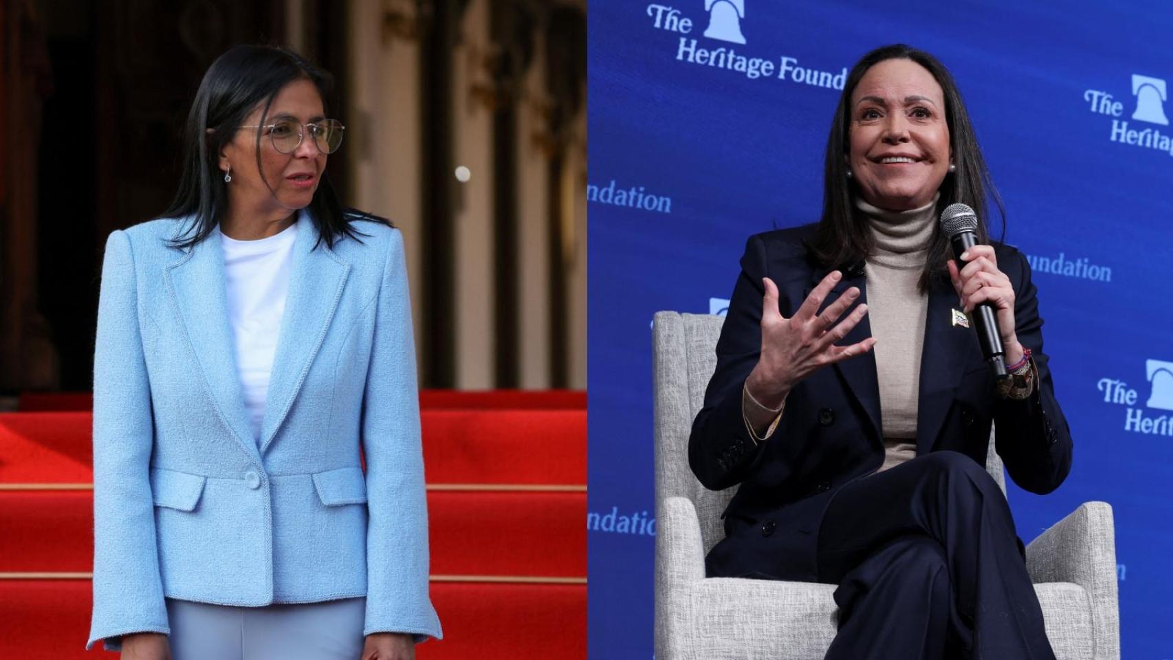 La presidenta encargada de Venezuela, Delcy Rodríguez, y la líder opositora venezolana, María Corina Machado.