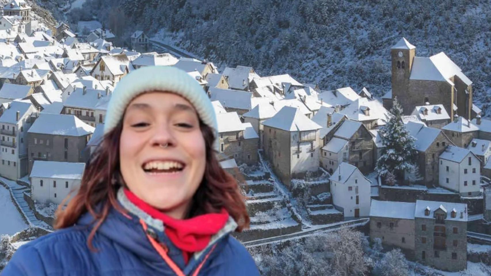 Sandra y el pueblo de Ansó de fondo