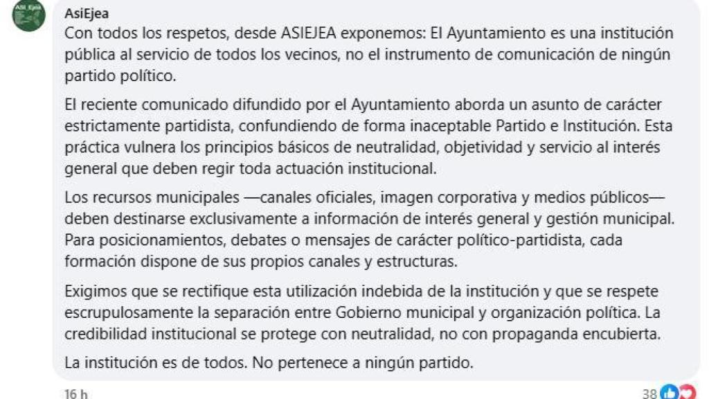Comentario de Así Ejea en un post del Ayuntamiento en Facebook