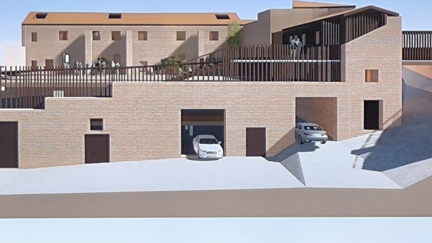 Render general del proyecto, con garajes, una pasarela, viviendas y una plaza pública.