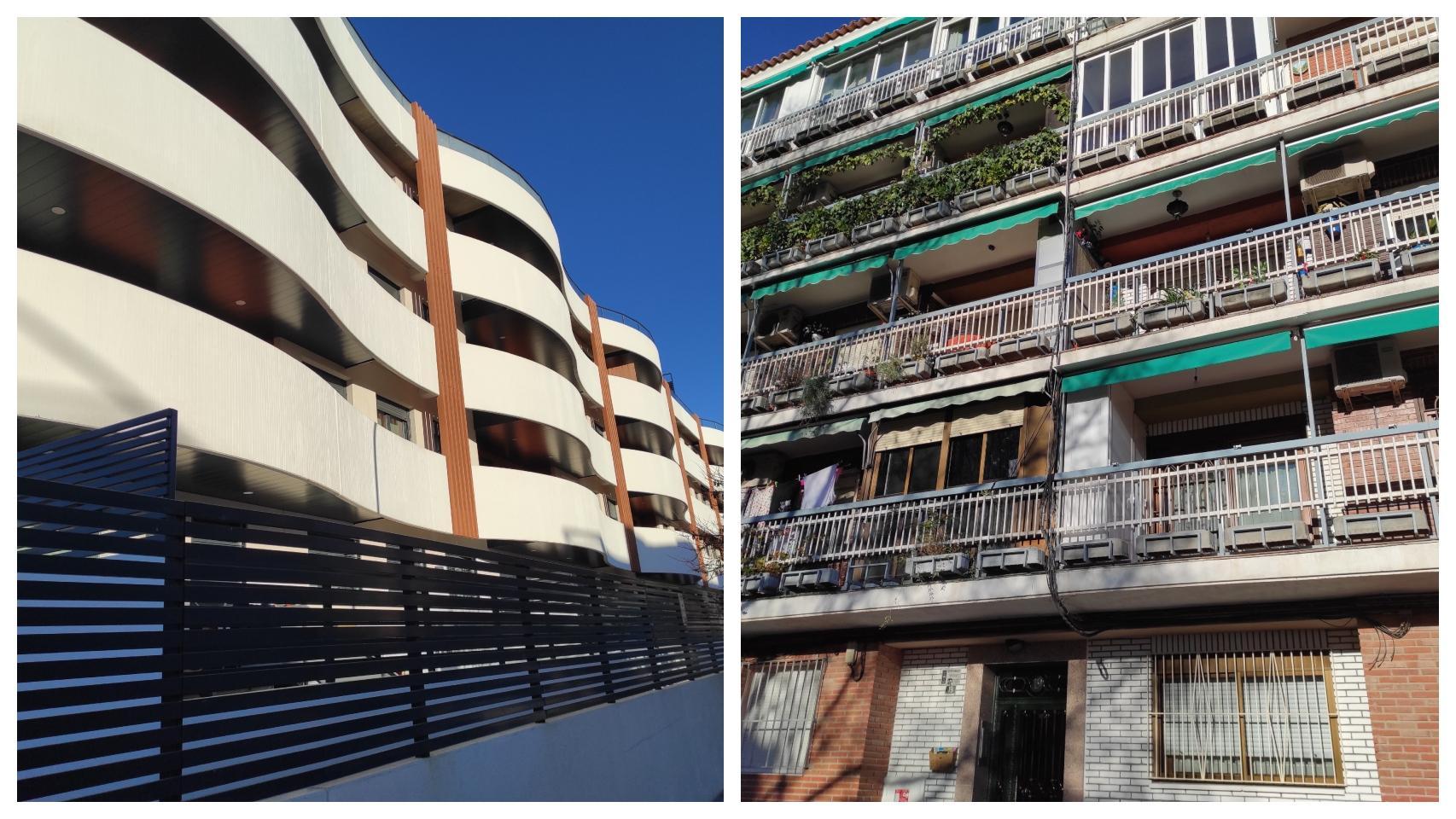 Fachada de un edificio construido en 2025 y otro de 1995.