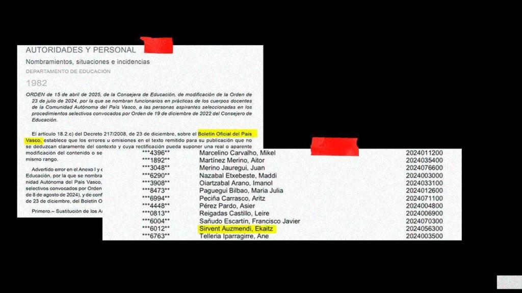 Recorte del Boletín Oficial del País Vasco del 12 de mayo de 2025 en el que se adjudica la plaza de profesor a Ekaitz Sirvent.