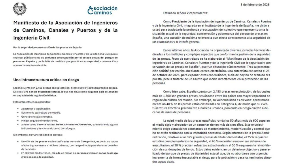Manifiesto y carta remitidas a la ministra Aagesen por parte de la Asociación de Ingenieros de Caminos.
