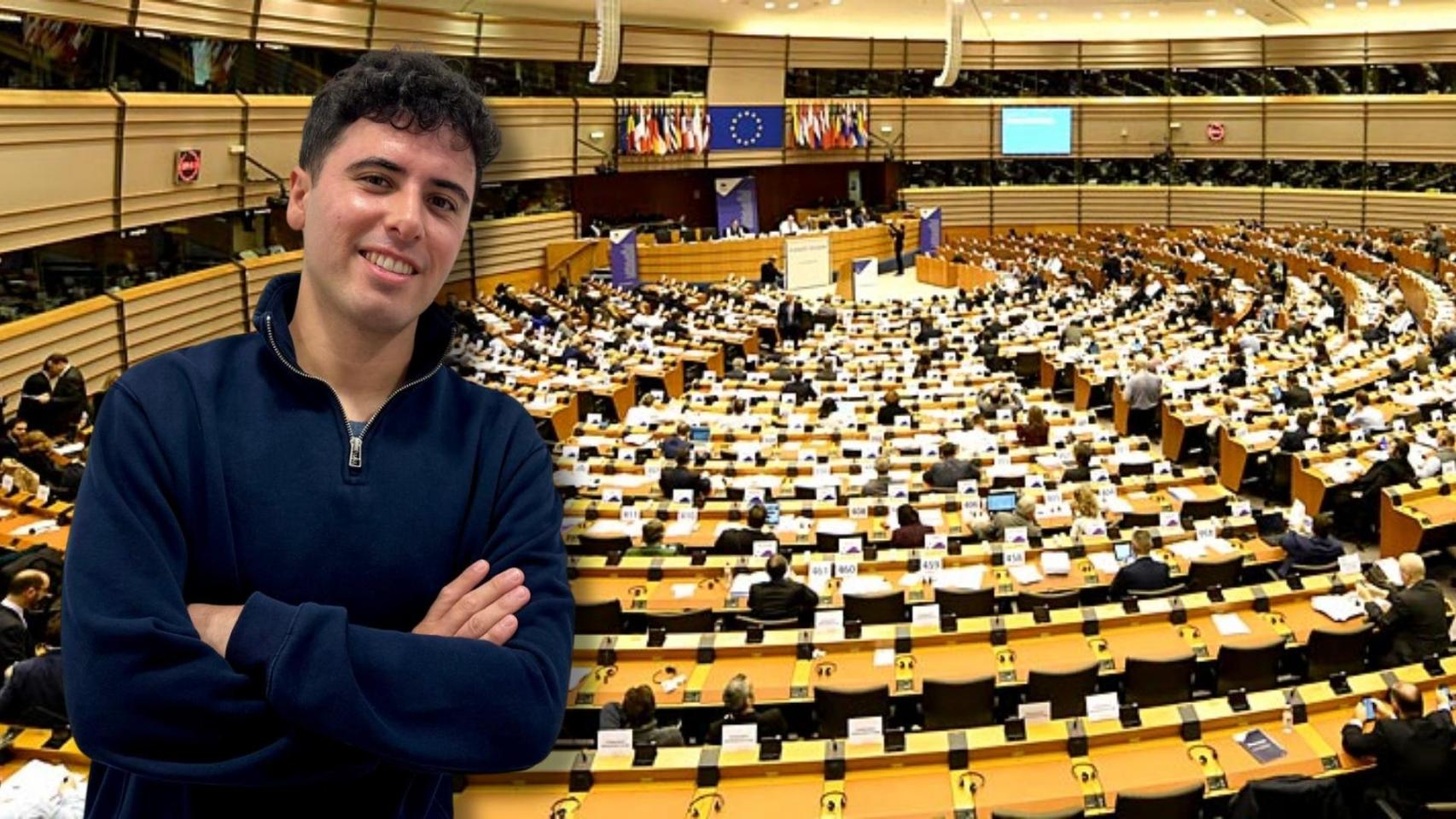 Enrique Collada, alcalde de El Recuenco (Guadalajara) y de fondo el Comité Europeo de Regiones.