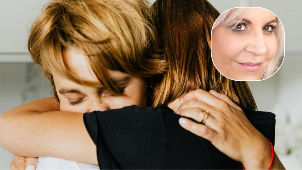 Composición fotográfica compuesta por dos personas abrazándose y por la psicóloga Ana M. Ángel Esteban.