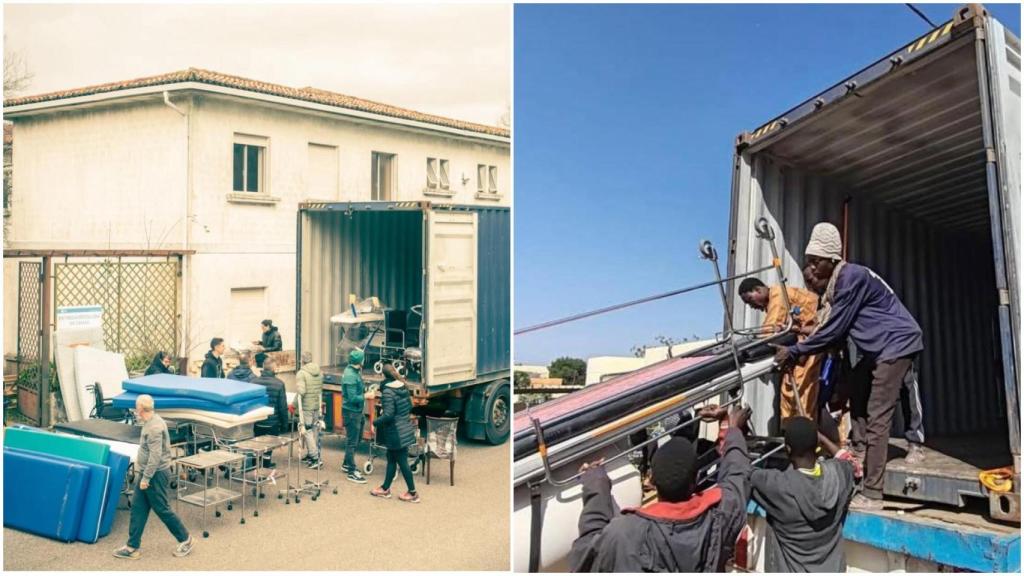 Imágenes de la carga del camión y su descarga en Senegal.