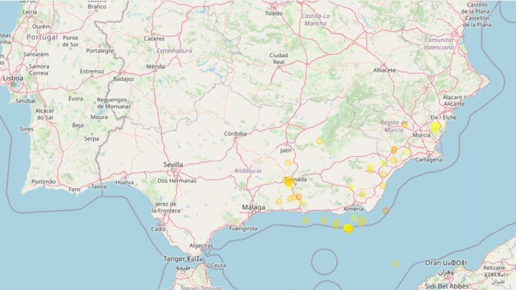 Captura de pantalla de los últimos seísmos en Almería