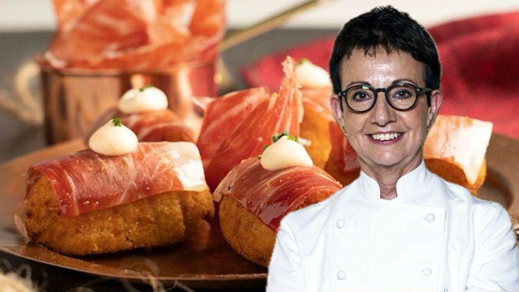 Carme Ruscalleda junto a unas croquetas de jamón.