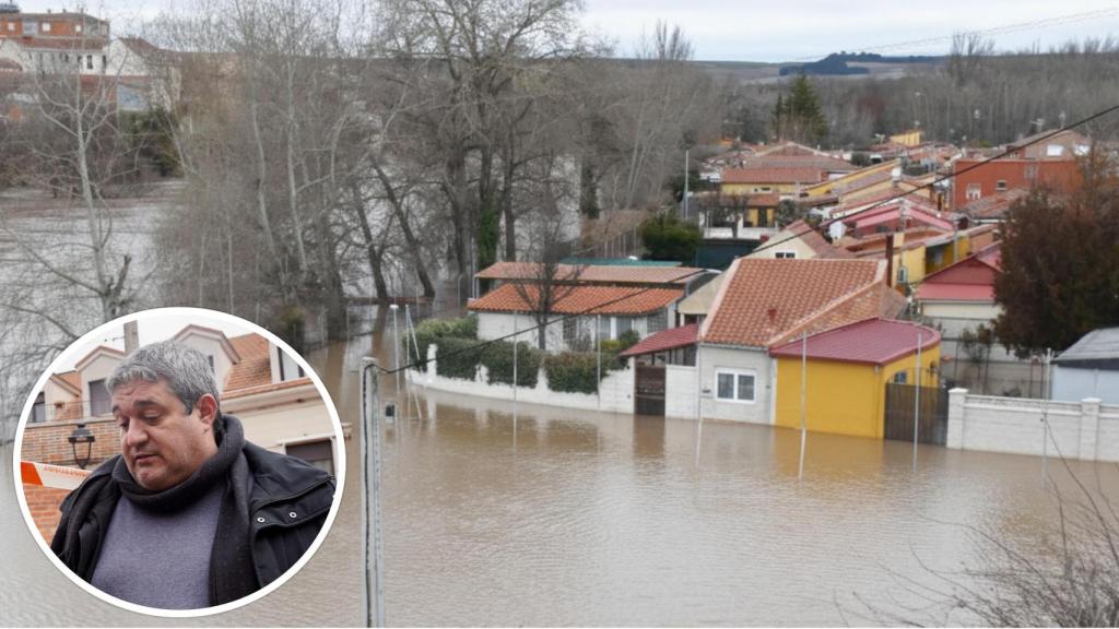 En el círculo, el alcalde de Tudela de Duero, Óscar Rodríguez (Foto: Eduardo Margareto - Ical) y de fondo la urbanización del camping, cercada por el agua