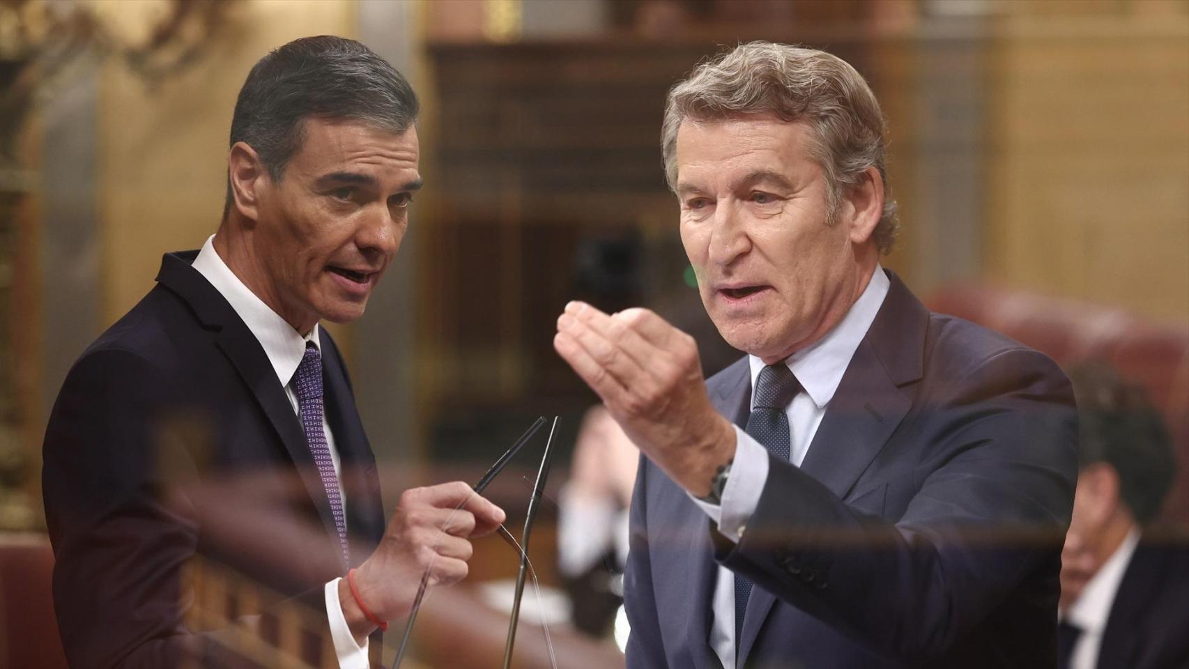 El presidente del Gobierno, Pedro Sánchez, y el presidente del Partido Popular, Alberto Núñez Feijóo, durante una sesión de control al Gobierno en el Congreso de los Diputados.