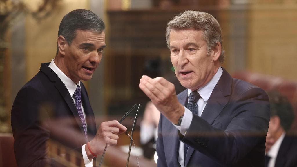 El presidente del Gobierno, Pedro Sánchez, y el presidente del Partido Popular, Alberto Núñez Feijóo, durante una sesión de control al Gobierno en el Congreso de los Diputados.