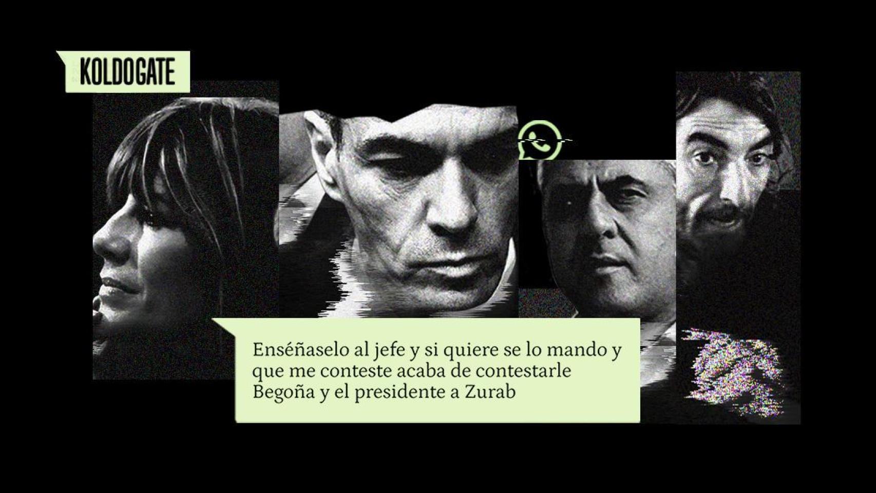 Begoña Gómez, Zurab Pololikashvili, Pedro Sánchez y Javier Hidalgo, junto a uno de los mensajes del WhatsApp de Koldo