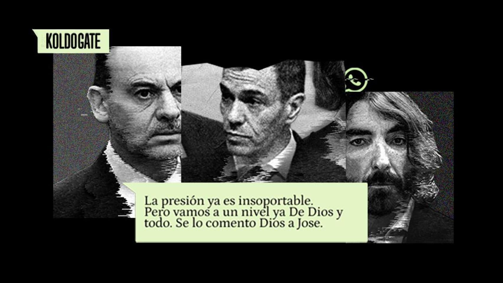 Jose Luis Ábalos, Pedro Sánchez, y Javier Hidalgo, junto a uno de los mensajes del WhatsApp de Koldo García