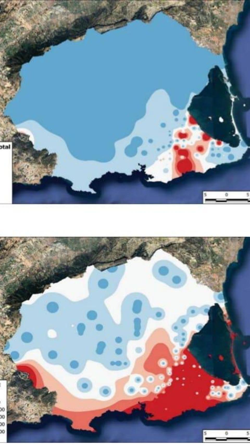 Mapas oficiales de isoconcentraciones de cadmio y zinc en suelos del Campo de Cartagena, con zonas rojas superando límites legales.