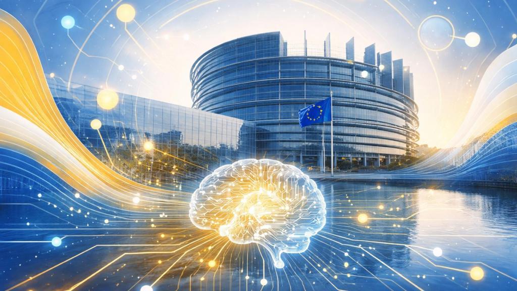 Imagen generada por IA con el Parlamento Europeo y un cerebro.