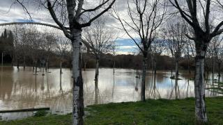 El Parking Sur de la Expo inundado por la crecida del Ebro en Zaragoza, este miércoles.