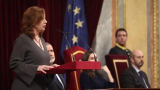 La presidenta del Congreso, Francina Armengol, en su comparecencia durante el acto institucional ‘Nuestra constitución más longeva’, en el Congreso de los Diputados.