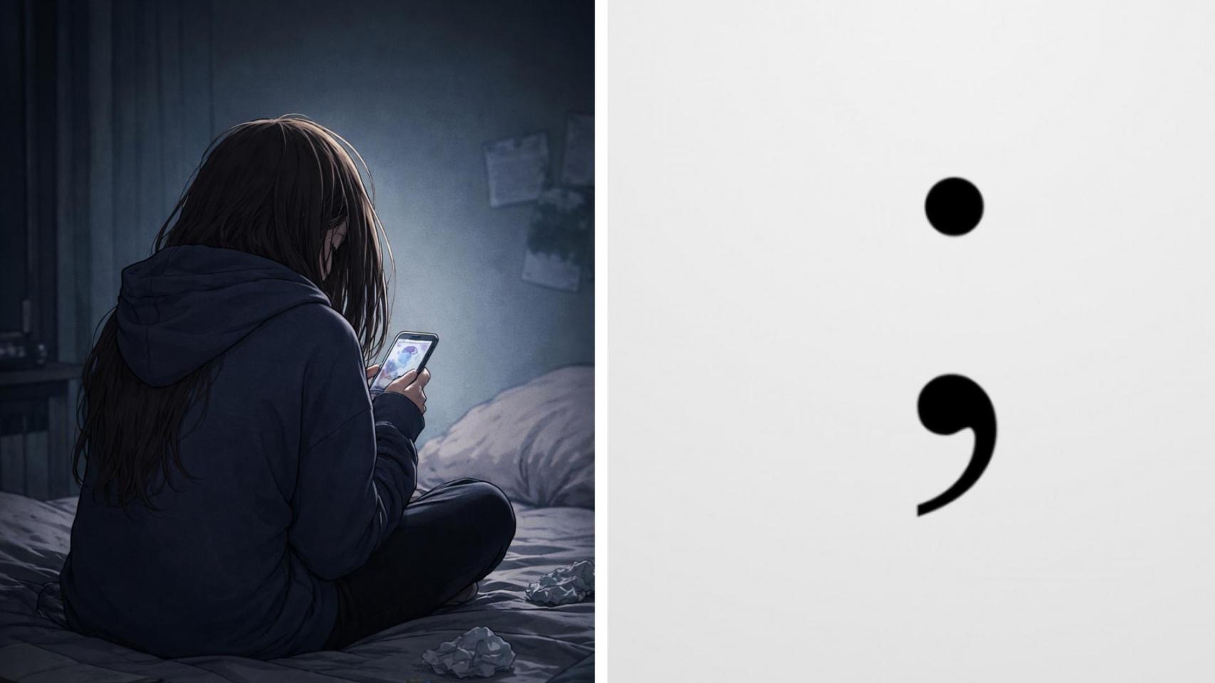 Una ilustración de una niña con móvil y un punto y coma.