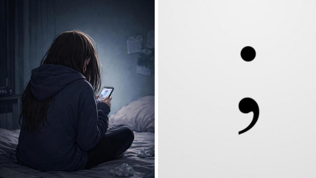 Una ilustración de una niña con móvil y un punto y coma.