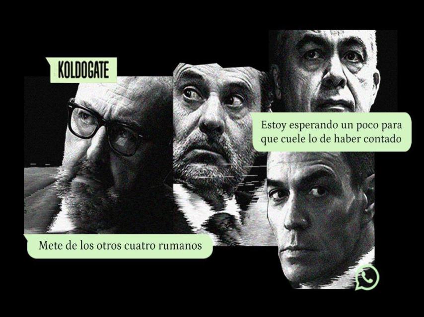 Koldo García, Jose Luis Ábalos, Pedro Sánchez y Santos Cerdán, junto a dos de los whatsapps del KoldoGate