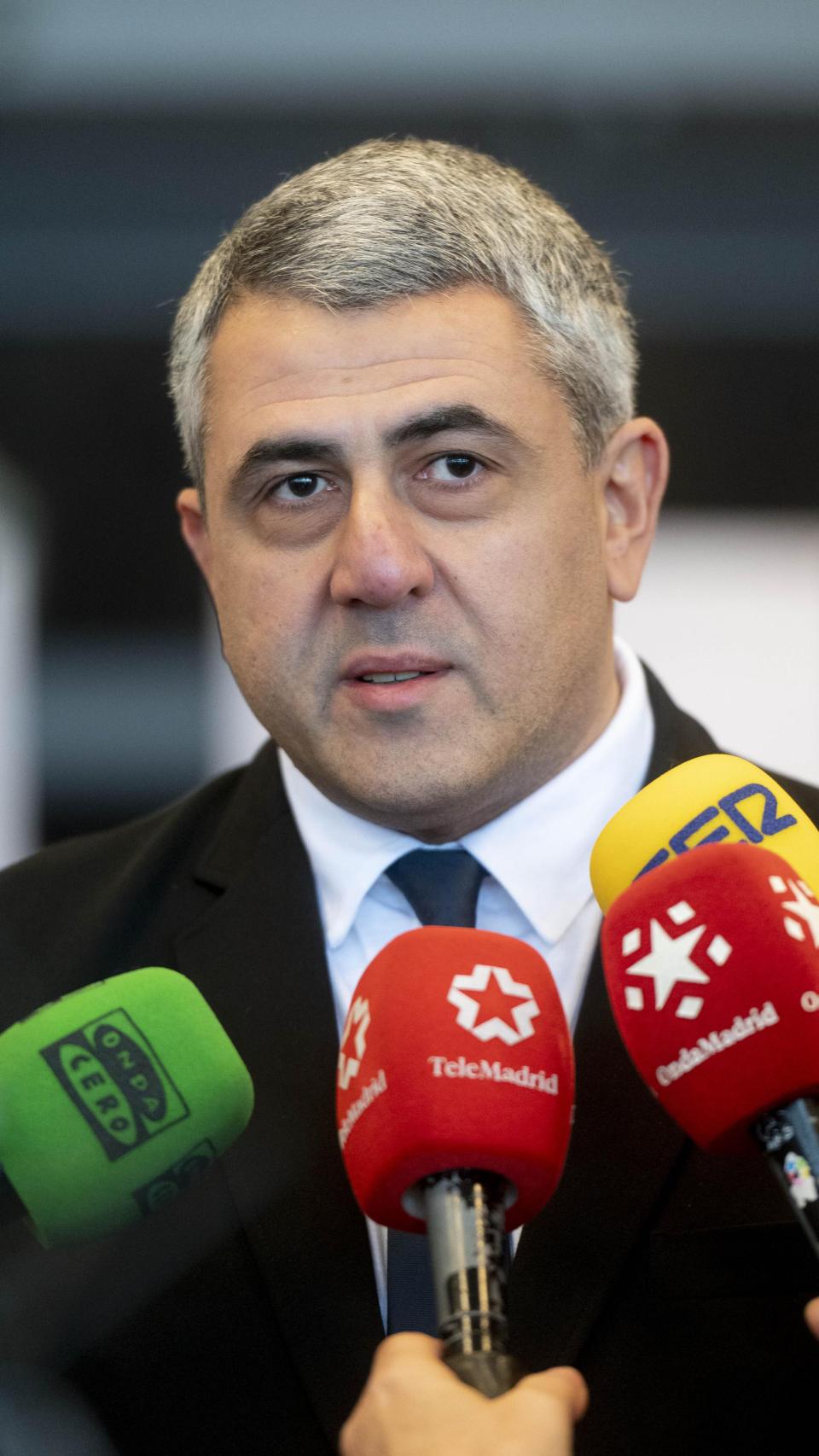 El secretario General de la Organización Mundial del Turismo (OMT), Zurab Pololikashvili; ofrece declaraciones tras su visita a la futura sede de ONU Turismo, en el Palacio de Congresos, a 22 de febrero de 2024.