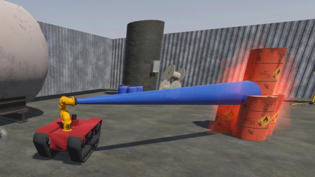 Concepto del robot autónomo con IA apagando un fuego.