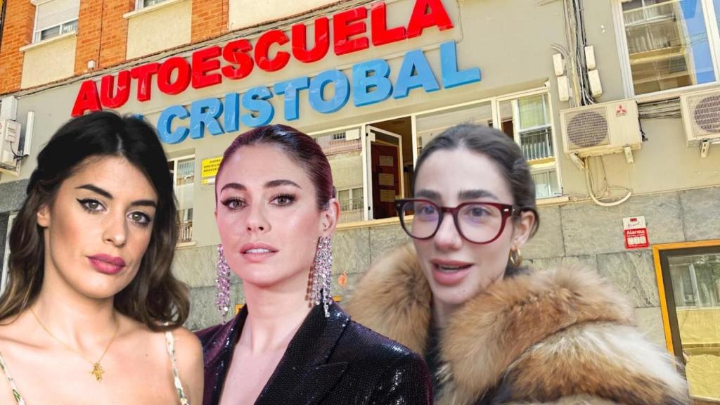 Dulceida, Blanca Suarez y Lola Lolita en primer plano y la famosa autoescuela de Cuenca de fondo.